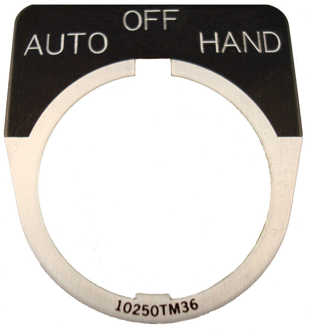 Eaton 10250TM49 30mm Legend Plate, Auto-Off-Hand, Black Field Eaton 10250TM49