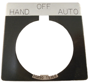 Eaton 10250TS51 30mm, Legend Plate, HAND-OFF-AUTO, Black Field, Square Eaton 10250TS51