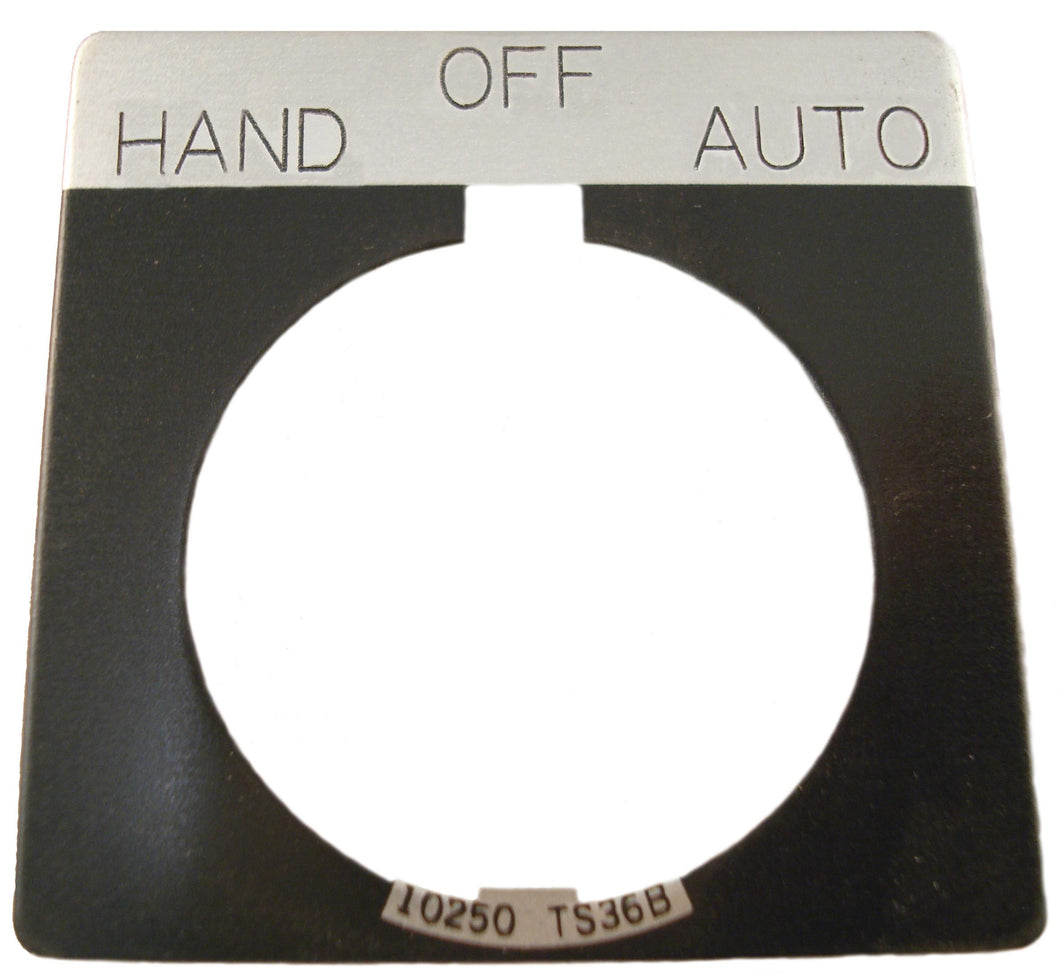 Eaton 10250TS51 30mm, Legend Plate, HAND-OFF-AUTO, Black Field, Square Eaton 10250TS51
