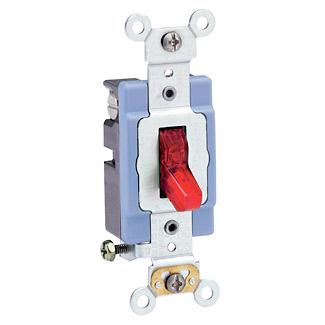 Leviton 1201-PLR Single-Pole Pilot Light Toggle Switch, 15A, 120V, Red, LIT WHEN ON Leviton 1201-PLR