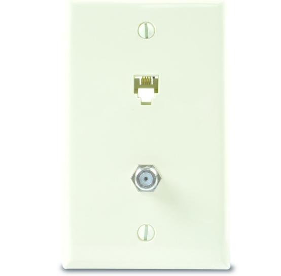Leviton 40259-W Wall Plate & Connector, F Coaxial and Telephone Jack, 1-Gang, White Leviton 40259-W