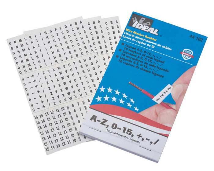 Ideal 44-102 Wire Marker Booklet, Legend: A-Z, 0-15, +, -, 1-1/2