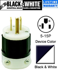 Leviton 5266-C 15 Amp Plug, 125V, 5-15P, Nylon, Black/White, Industrial Grade Leviton 5266-C