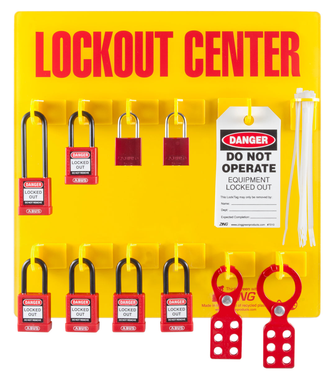 Abus 71140 Lockout Station: 8 Padlocks, 2 Steel Hasps, 10 Tags, and 10 Ties Abus 71140