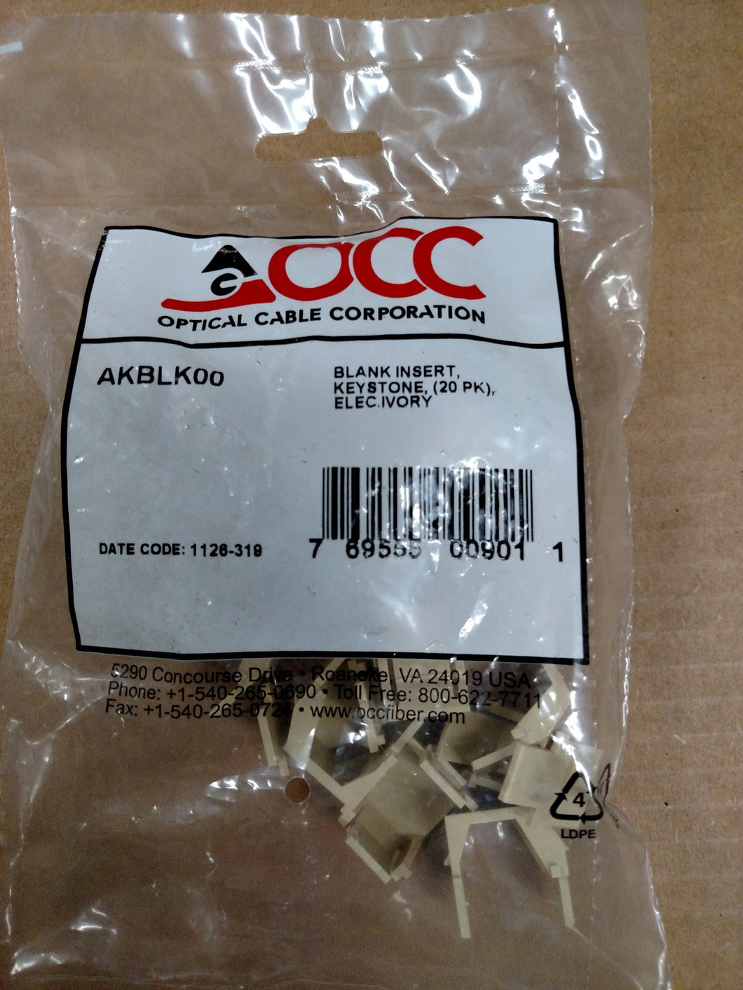 Optical Cable AKBLK00 KMJ snap-in blank adapters (20 pack) Optical Cable AKBLK00