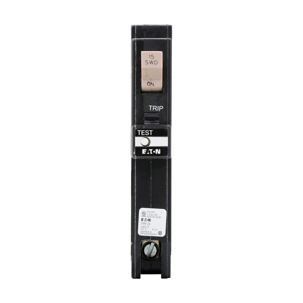 Eaton CHFGFT115PN Breaker, 15A, 1P, 120V, 10 kAIC, Type CH, GFCI, Plug-on Neutral Eaton CHFGFT115PN
