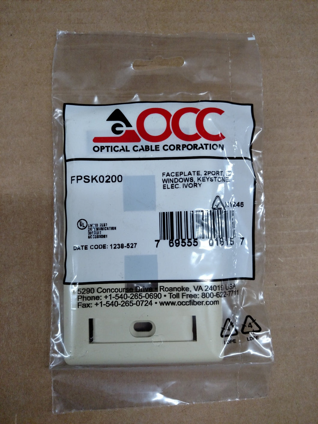 Optical Cable FPSK0200 Single gang commercial faceplate, KMJ, 2-port, Electrical Ivory Optical Cable FPSK0200