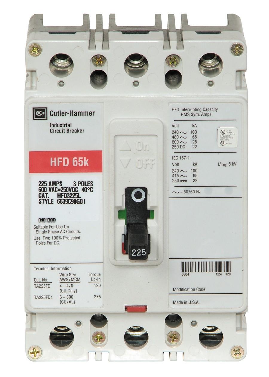 Eaton HFD3015 Breaker, 15A, 3P, 600V, 250 VDC, 65 kAIC, Type HFD CB Eaton HFD3015