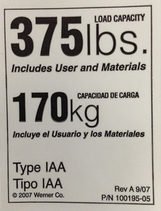 Werner Ladder LDR375 Ladder Label, 375 Lbs Duty Rating  Werner Ladder LDR375