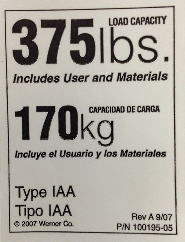 Werner Ladder LDR375 Ladder Label, 375 Lbs Duty Rating  Werner Ladder LDR375