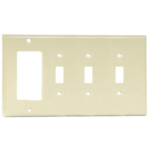 Leviton P326-I Comb. Wallplate, 4-Gang, (3) Toggle, (1) Decora, Thermoset, Ivory Leviton P326-I