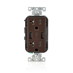 Leviton T5832-B Combination Duplex Receptacle/Outlet and USB Charger. 20 Amp, 125 Volt, Decora Tamper-Resistant Receptacle/Outlet, NEMA 5-20R. 3.6 Amps, 5VDC, 2.0 Type A USB Chargers. Grounding, Side Wired & Back Wired - Brown Leviton T5832-B
