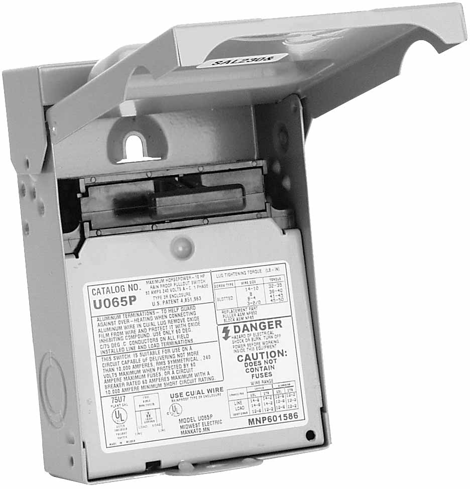 Midwest U065P Disconnect Switch, A/C, Pull Out, 60A, 1P, 240VAC, Metal, NEMA 3R Midwest U065P